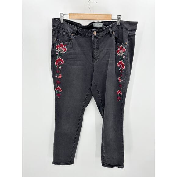 Falls Creek Jeans Women 18 Black Denim Floral Embroidered Skinny Cotton Blend - Picture 1 of 8